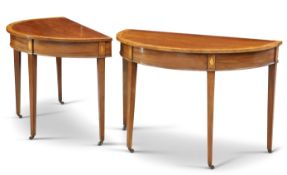 A PAIR OF INLAID MAHOGANY DEMILUNE TABLES, GEORGE III AND LATER