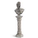 A SIMULATED MARBLE BUST ON PEDESTAL