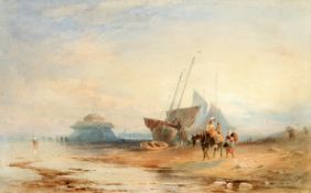 THOMAS SEWELL ROBINS (1810-1880), FISHERFOLK ON A BEACH WITH PIER BEYOND