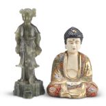 A JAPANESE KYOTO SATSUMA BUDDHA AND A CHINESE CARVED GREEN SOAPSTONE FIGURE OF A LADY