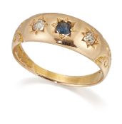 AN 18 CARAT GOLD SAPPHIRE AND DIAMOND THREE STONE RING