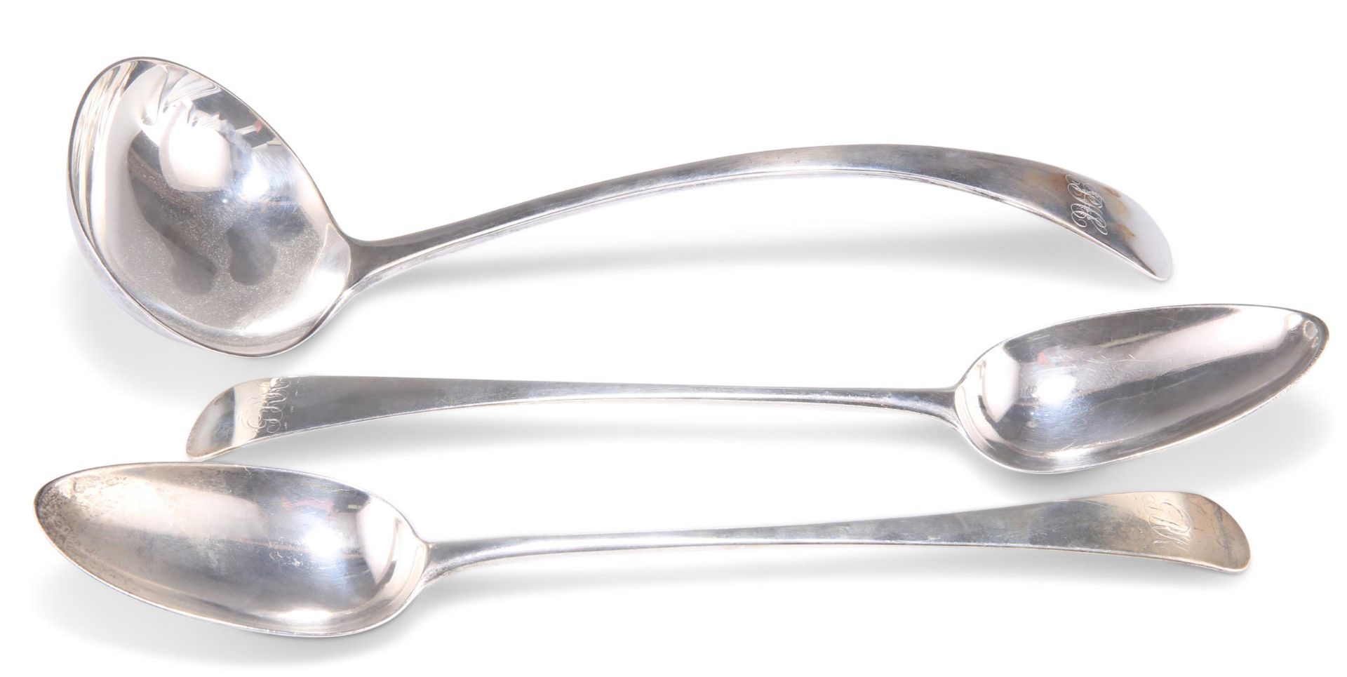 A SILVER LADLE AND PAIR OF SILVER BASTING SPOONS