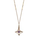 AN ART NOUVEAU AMETHYST AND SEED PEARL PENDANT ON CHAIN