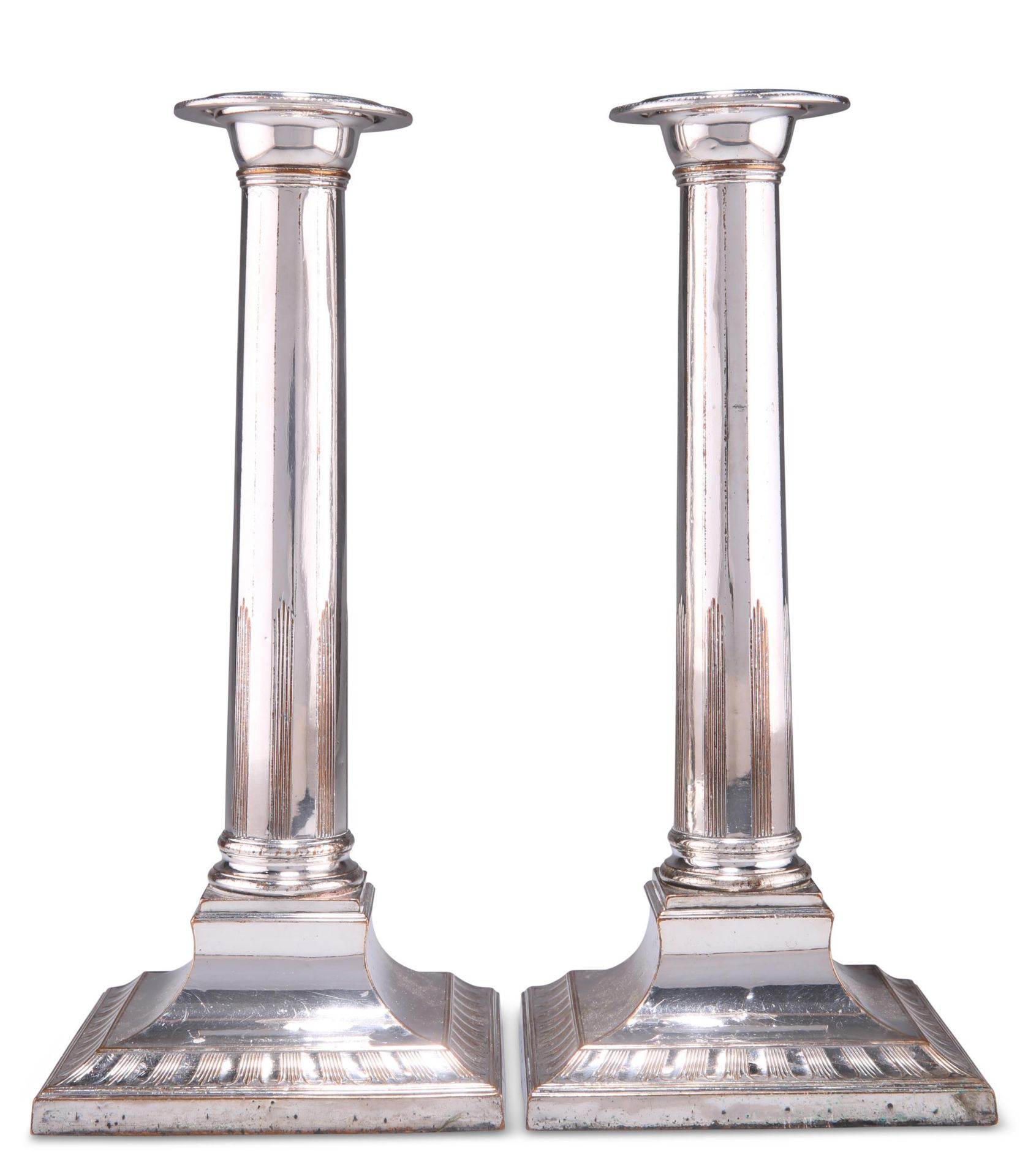 A PAIR OF OLD SHEFFIELD PLATE CANDLESTICKS, CIRCA 1770