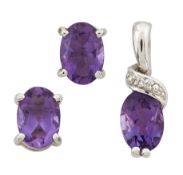 A MATCHED 9 CARAT WHITE GOLD AMETHYST AND DIAMOND PENDANT AND EARRING SET