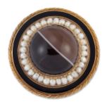A VICTORIAN BANDED AGATE, SPLIT PEARL AND BLACK ENAMEL MOURNING BROOCH