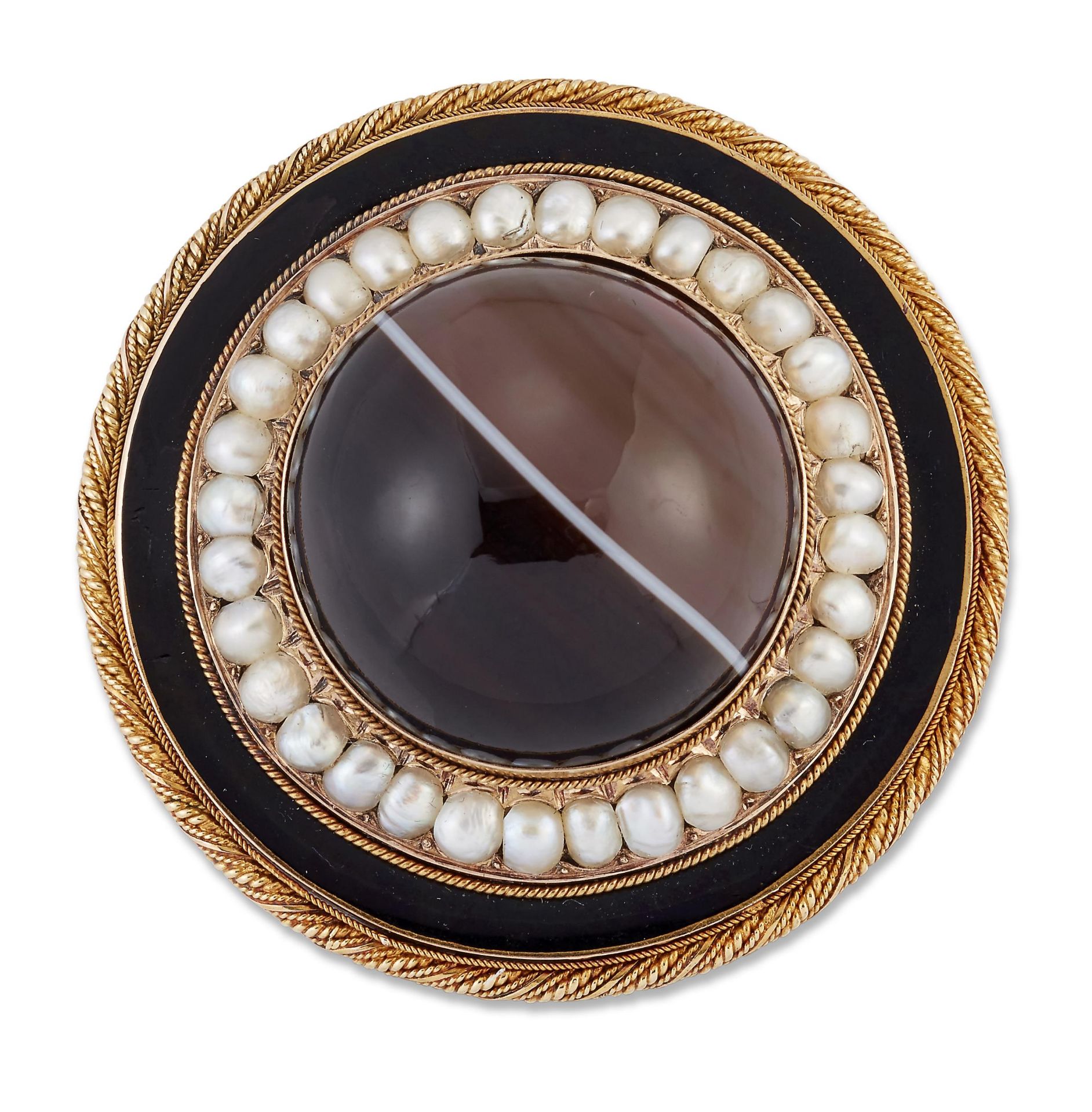 A VICTORIAN BANDED AGATE, SPLIT PEARL AND BLACK ENAMEL MOURNING BROOCH