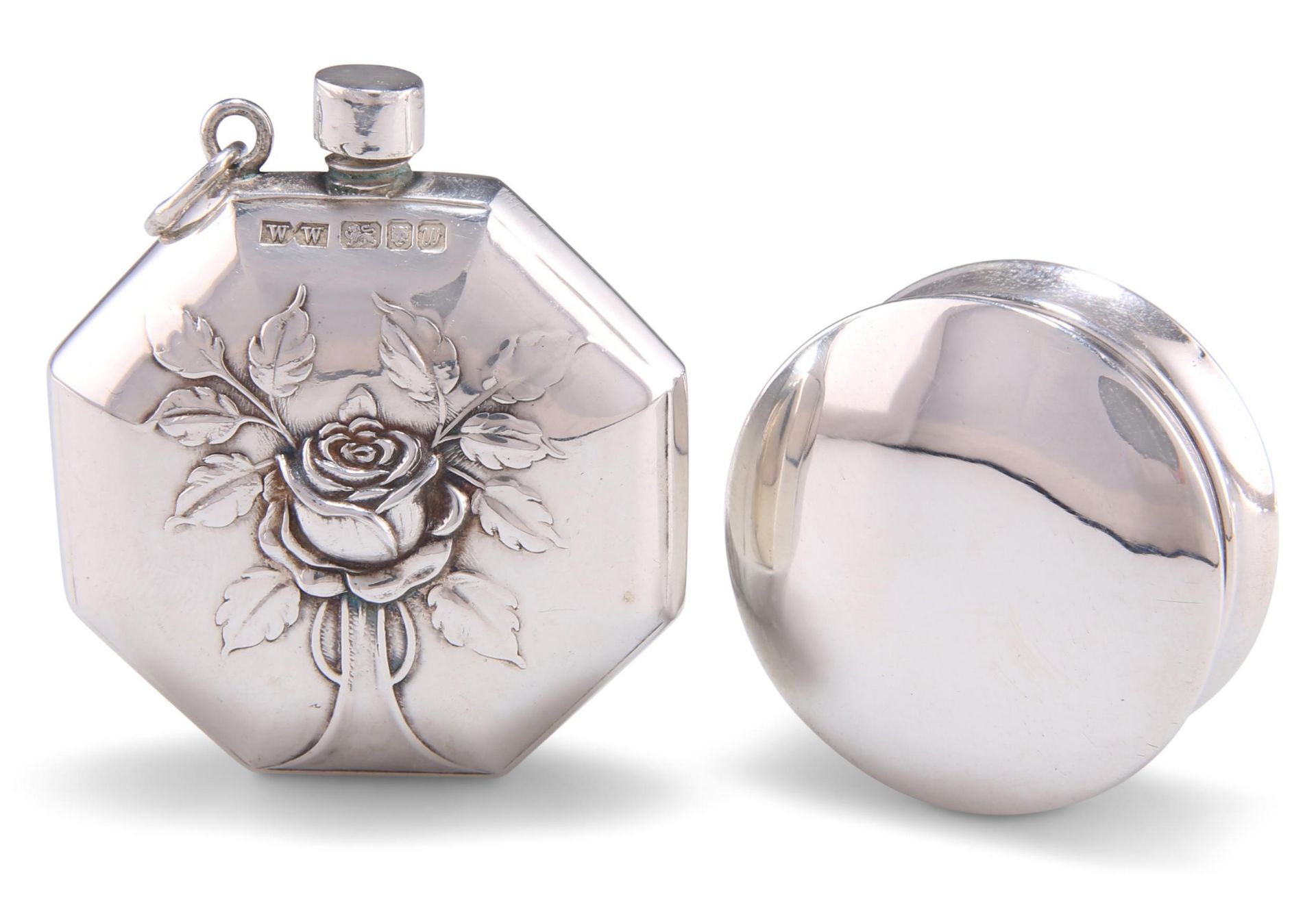 A SILVER SCENT FLASK AND SILVER TRINKET BOX