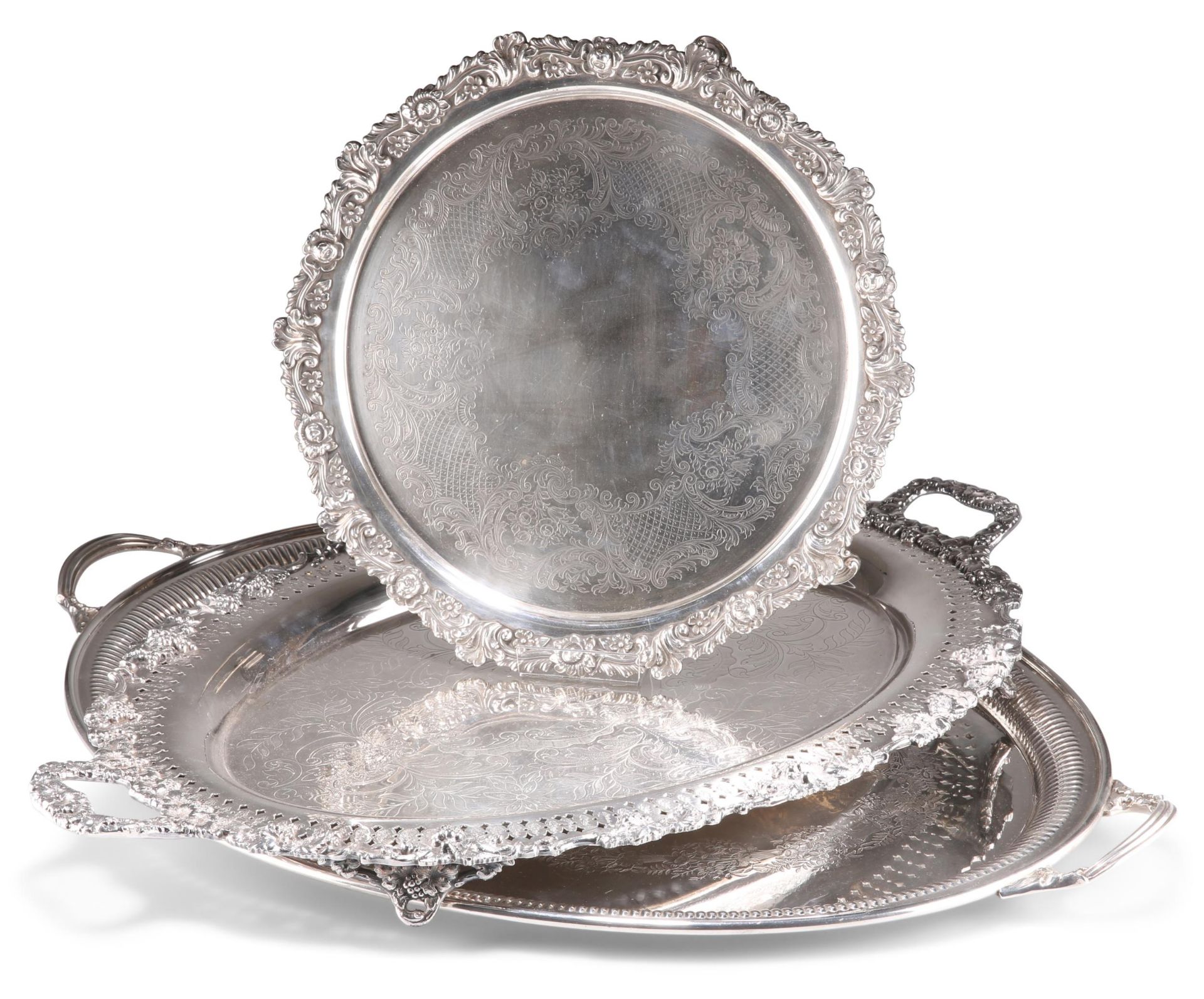 A VICTORIAN SILVER-PLATED SALVER, ETC.