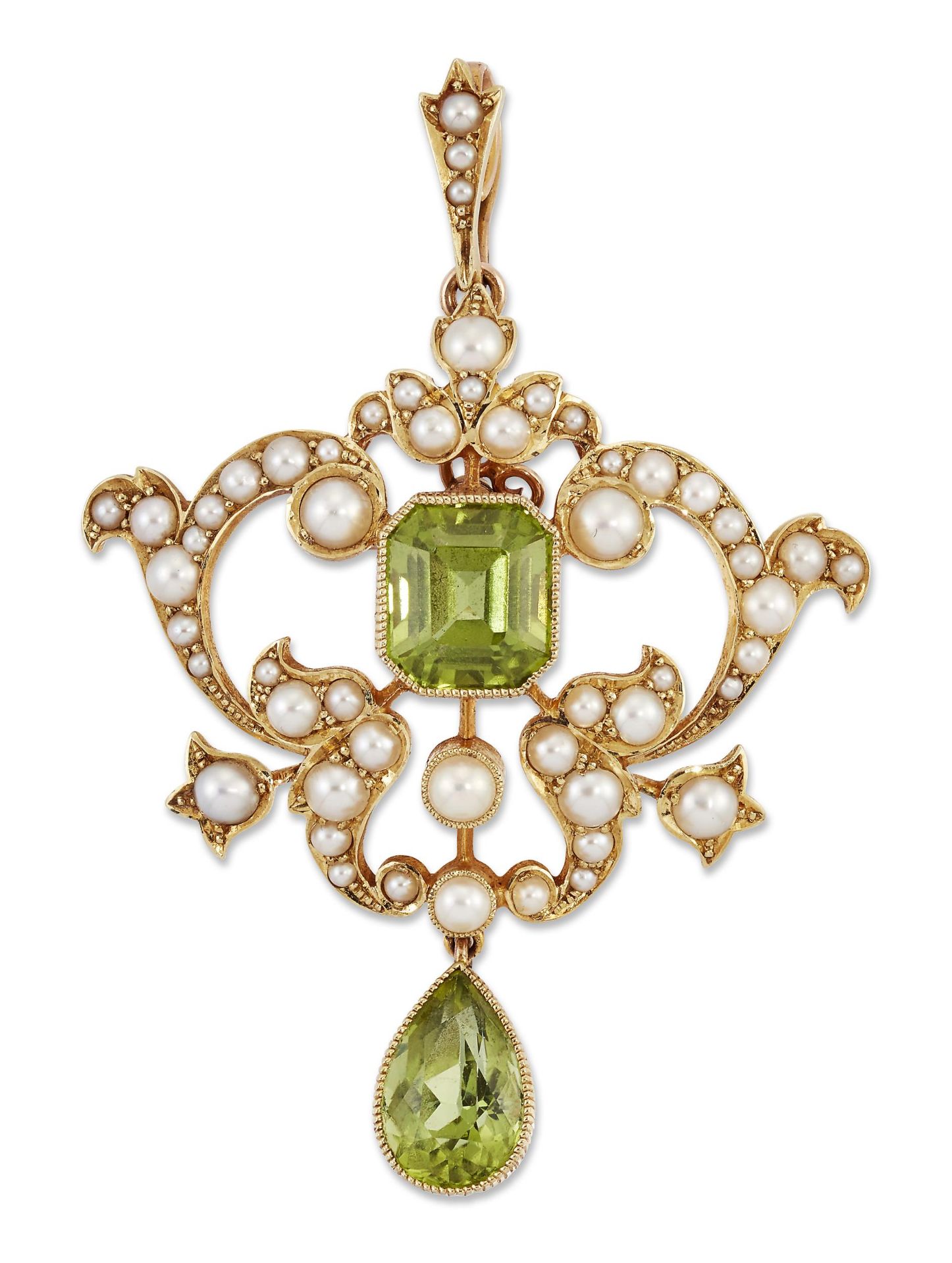 AN ART NOUVEAU PERIDOT AND SEED PEARL ADAPTABLE PENDANT / BROOCH