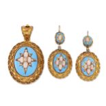 A VICTORIAN CORAL, DIAMOND AND ENAMEL PENDANT AND EARRING SET