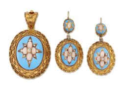 A VICTORIAN CORAL, DIAMOND AND ENAMEL PENDANT AND EARRING SET
