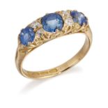 A VICTORIAN 18 CARAT GOLD SAPPHIRE AND DIAMOND RING