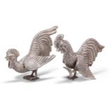 A LARGE PAIR OF IRISH HEAVY SILVER FIGHTING COCKS
