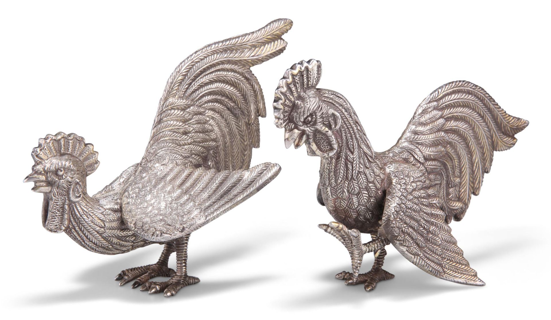 A LARGE PAIR OF IRISH HEAVY SILVER FIGHTING COCKS