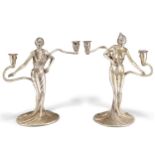 A PAIR OF ART NOUVEAU-STYLE WHITE METAL FIGURAL CANDELABRA