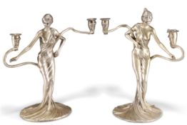 A PAIR OF ART NOUVEAU-STYLE WHITE METAL FIGURAL CANDELABRA