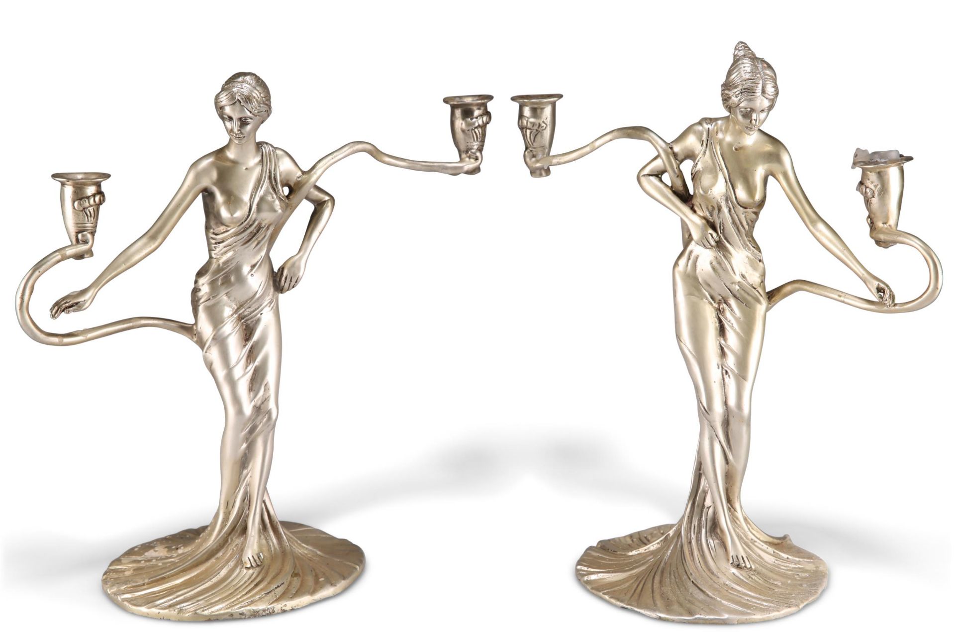 A PAIR OF ART NOUVEAU-STYLE WHITE METAL FIGURAL CANDELABRA