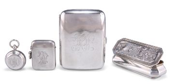 A SILVER SOVEREIGN CASE, TRINKET BOX, CIGARETTE CASE AND VESTA CASE