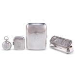 A SILVER SOVEREIGN CASE, TRINKET BOX, CIGARETTE CASE AND VESTA CASE