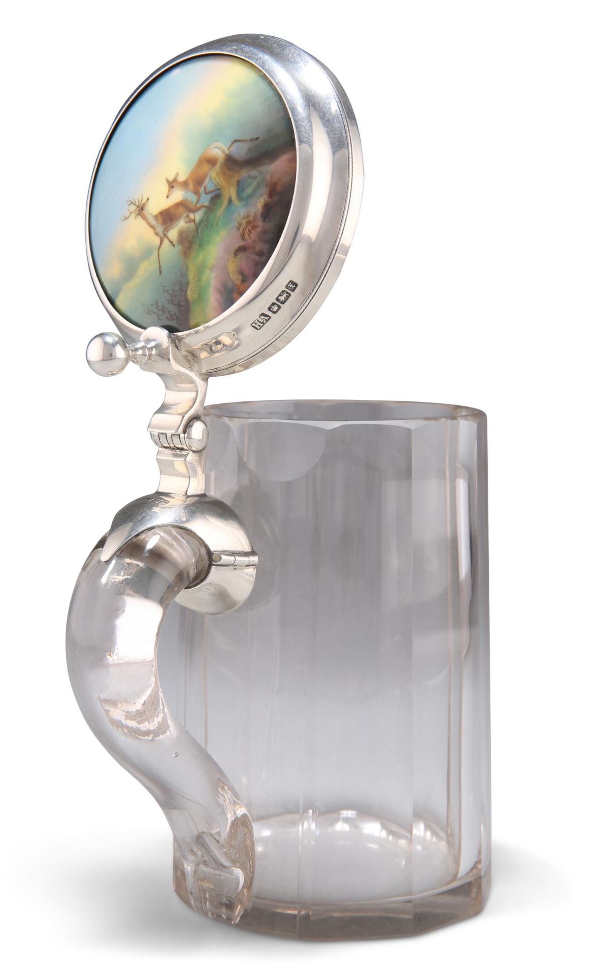 A GEORGE V SILVER-MOUNTED PORCELAIN AND GLASS LIDDED TANKARD
