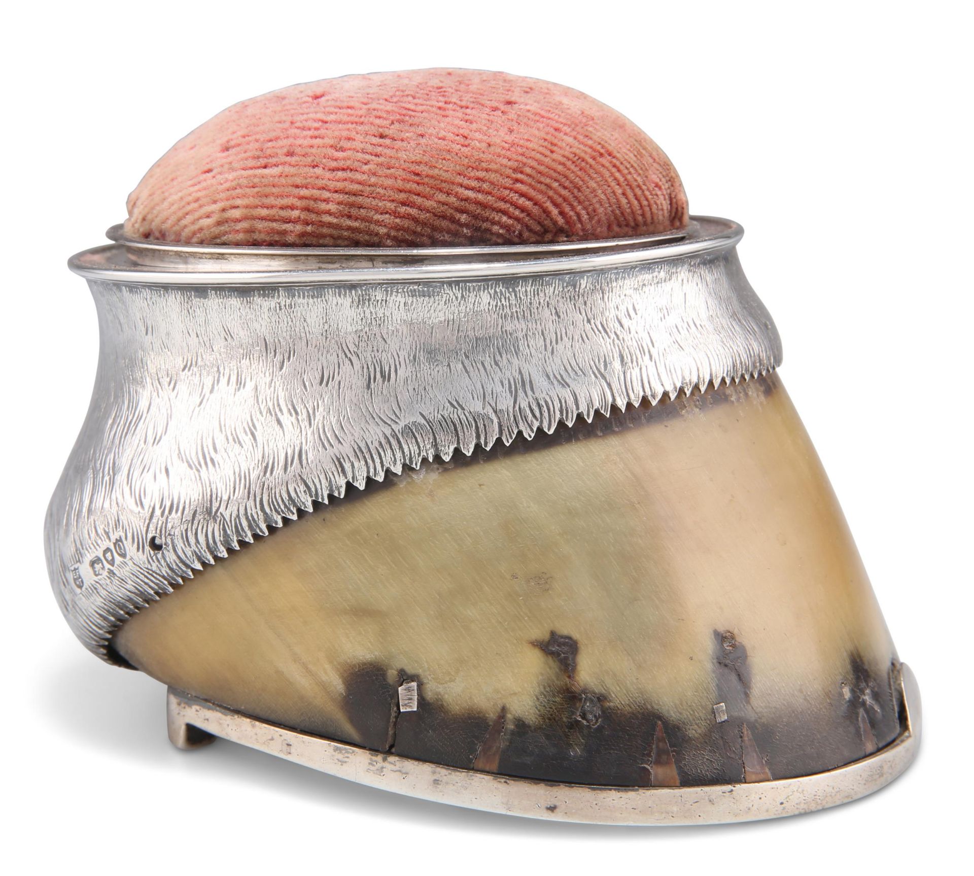 A VICTORIAN SILVER-MOUNTED HORSE HOOF PIN CUSHION