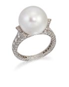 CARTIER - A CULTURED PEARL AND DIAMOND RING