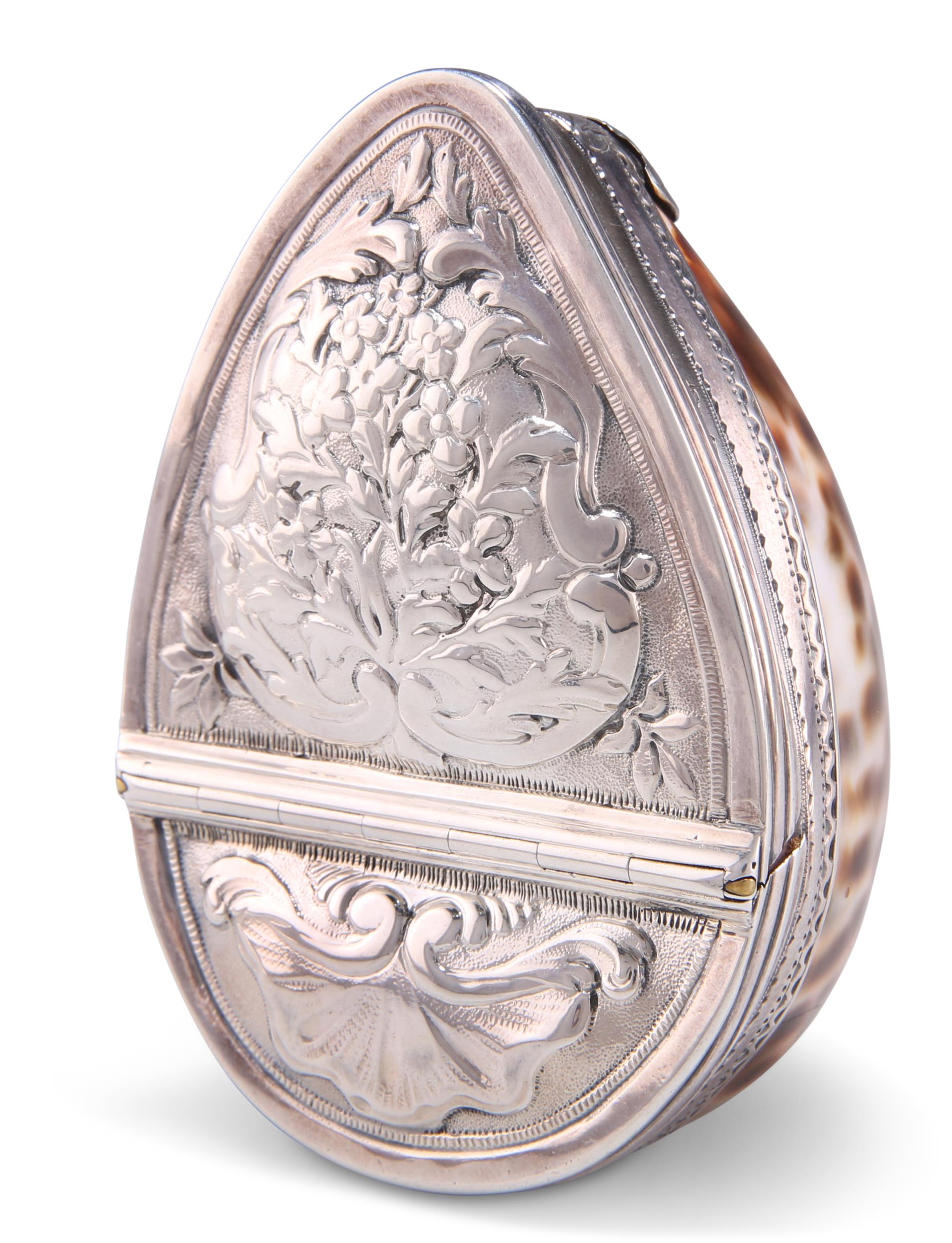 A LATE 18TH CENTURY FRENCH SILVER-MOUNTED COWRIE SHELL SNUFF BOX