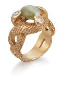 A CAT'S EYE CHRYSOBERYL AND DIAMOND RING