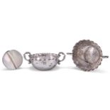 A PAIR OF SMALL SILVER TWO-HANDLED BOWLS, AND A MOTHER-OF-PEARL SNUFF BOX