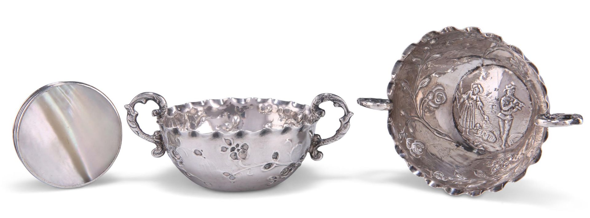 A PAIR OF SMALL SILVER TWO-HANDLED BOWLS, AND A MOTHER-OF-PEARL SNUFF BOX