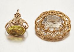 A 9 CARAT GOLD SMOKY QUARTZ BROOCH, AND A GILT METAL AND PASTE-SET FOB PENDANT