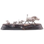 A STERLING SILVER SCULPTURE, "WARTHOG FAMILY RUNNING"