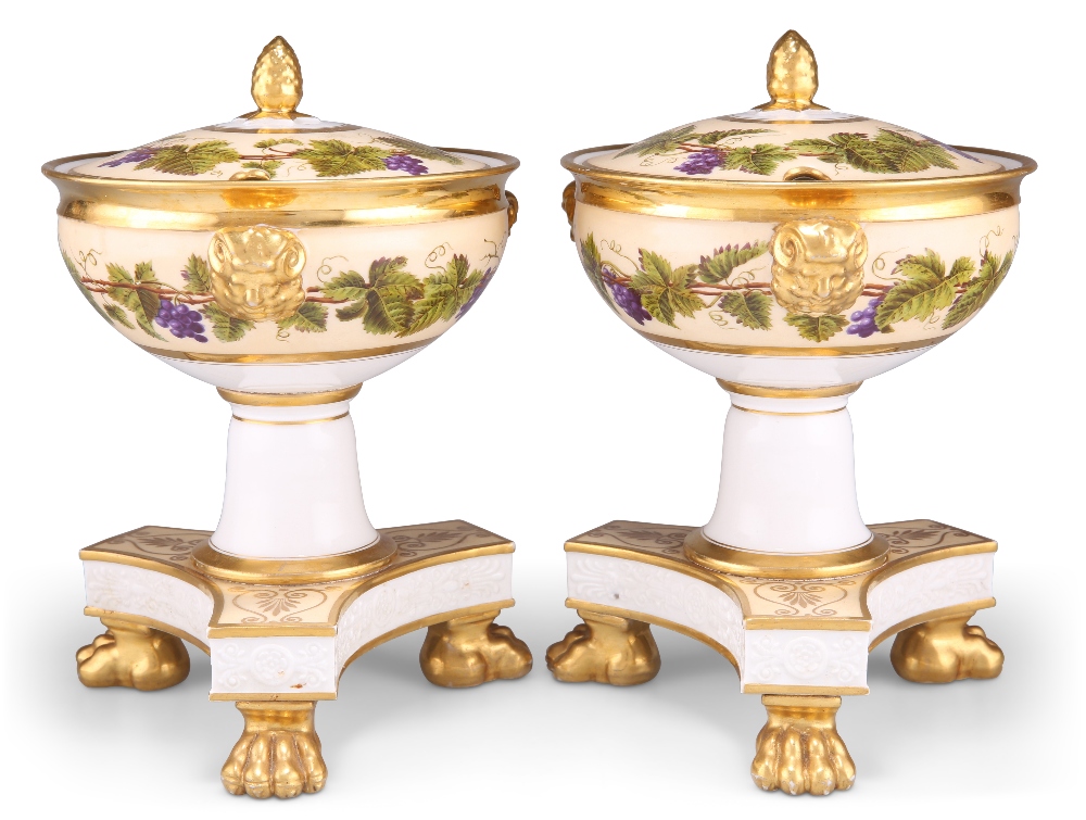 A PAIR OF EARLY 19TH CENTURY ENGLISH PORCELAIN PEDESTAL TUREENS, POSSIBLY SWANSEA CHINA WORKS