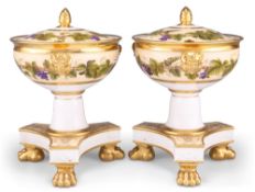 A PAIR OF EARLY 19TH CENTURY ENGLISH PORCELAIN PEDESTAL TUREENS, POSSIBLY SWANSEA CHINA WORKS