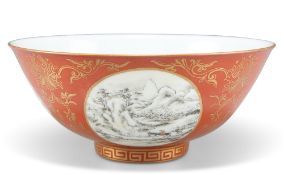 A CHINESE CORAL-GROUND 'MEDALLION' BOWL