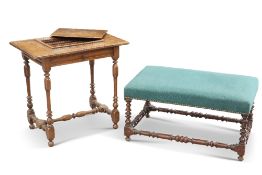 A 19TH CENTURY WALNUT AND UPHOLSTERED STOOL