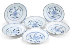 TEK SING CARGO - SIX CHINESE BLUE AND WHITE 'PEONY' PLATES AND DISHES