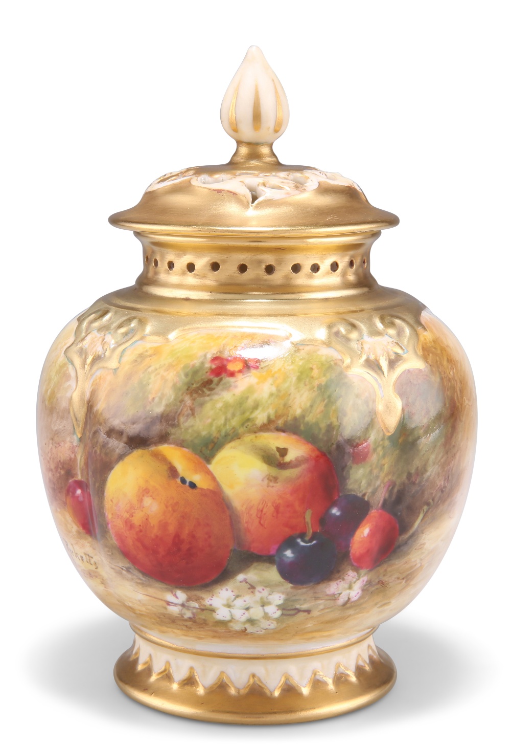 A ROYAL WORCESTER PORCELAIN POT POURRI JAR AND COVER