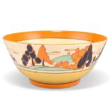 A CLARICE CLIFF 'ORANGE TREES AND HOUSE' PATTERN POTTERY BOWL, CIRCA 1930S