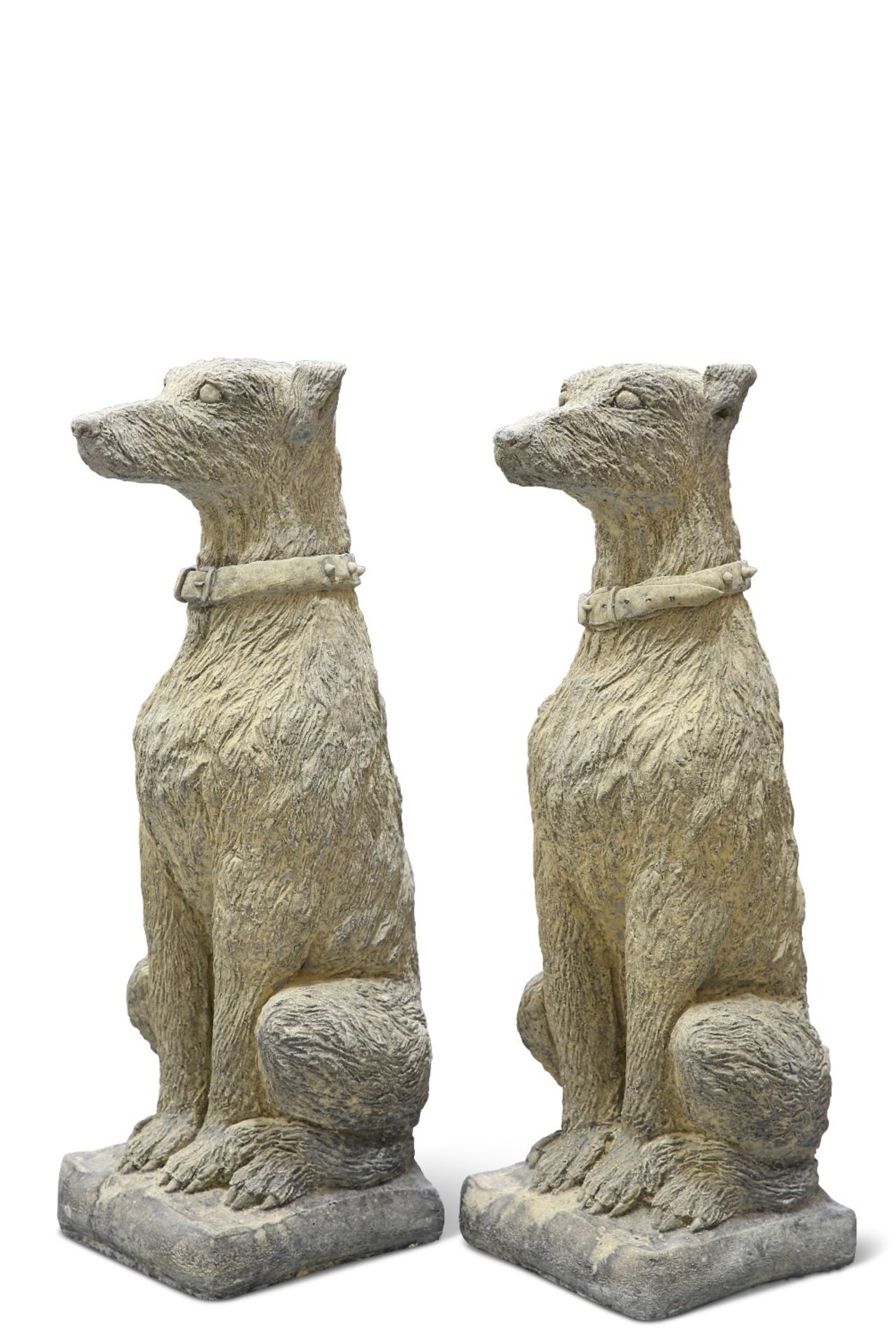 A PAIR OF RECONSTITUTED STONE DEERHOUNDS