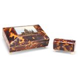 A VICTORIAN TORTOISESHELL SOUVENIR BOX AND A SMALL TORTOISESHELL BOX