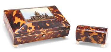 A VICTORIAN TORTOISESHELL SOUVENIR BOX AND A SMALL TORTOISESHELL BOX