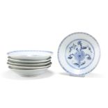 TEK SING CARGO - SIX CHINESE BLUE AND WHITE 'PEONY' PLATES AND DISHES