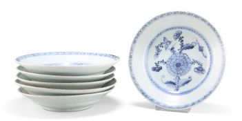 TEK SING CARGO - SIX CHINESE BLUE AND WHITE 'PEONY' PLATES AND DISHES