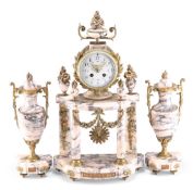 A 19TH CENTURY PINK VEINED MARBLE AND GILT BRASS CLOCK GARNITURE