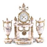 A 19TH CENTURY PINK VEINED MARBLE AND GILT BRASS CLOCK GARNITURE