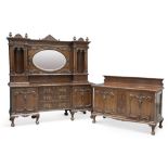 A VICTORIAN OAK MIRROR-BACK SIDEBOARD AND SIDE CABINET EN SUITE