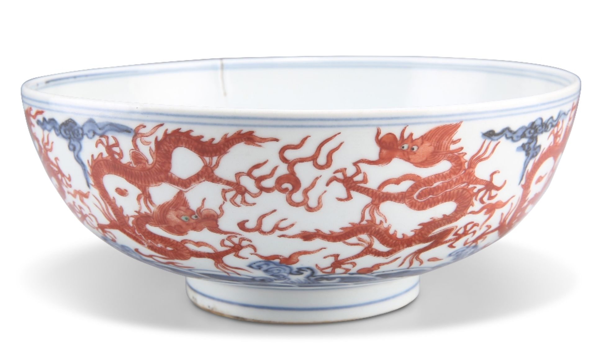 A CHINESE IRON-RED AND UNDERGLAZE BLUE 'DRAGON' BOWL