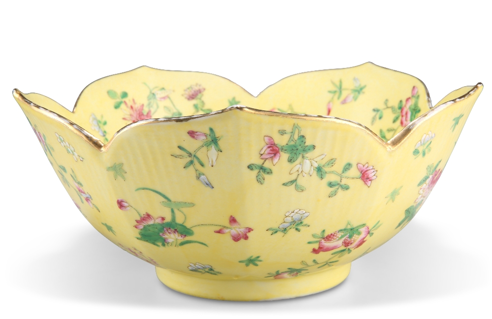 A CHINESE FAMILLE ROSE YELLOW-GROUND BOWL